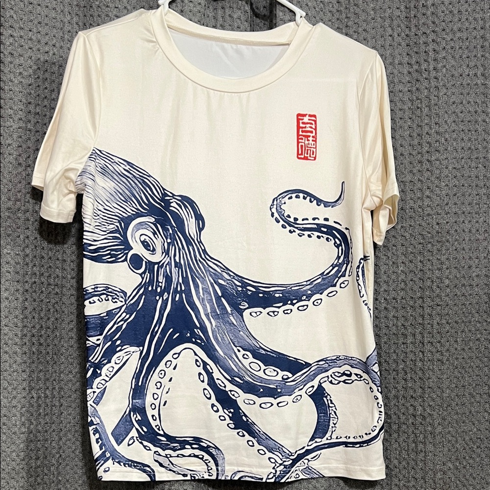 Octopus Print Cream and Blue Women's Top